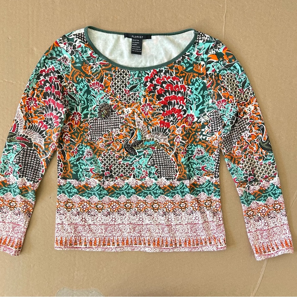 FLORIST Beaded Bird Print Top Long Sleeve Colorful Intricate Patter Floral Motif